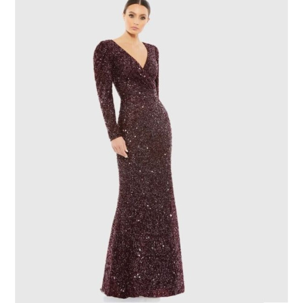 Mac Duggal 5510 Sz 20 Mahogany Red Puff Shoulder Sequined Column Gown $398